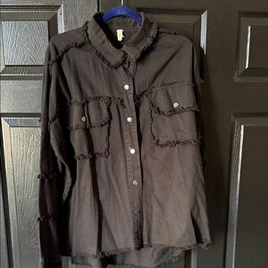 Black Frayed Button-Front Women's Jacket